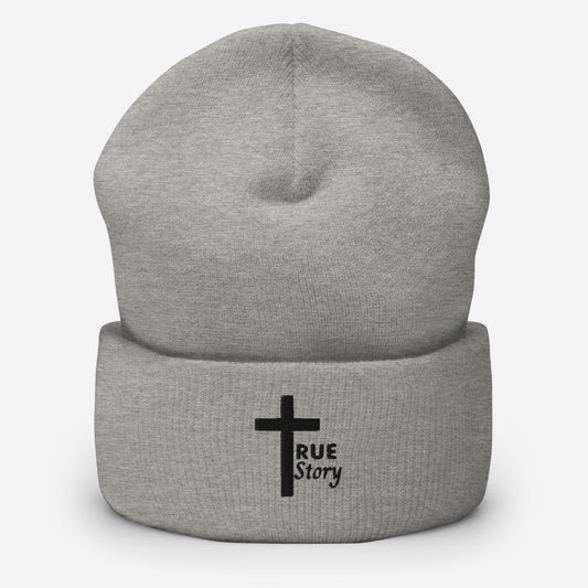 Embroidered Cross "True Story" Cuffed Beanie