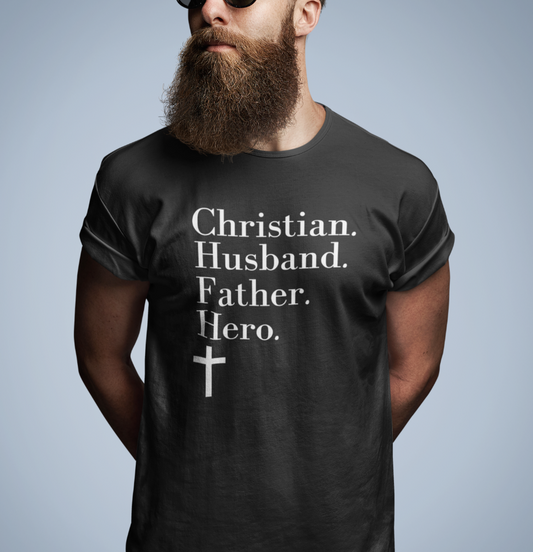 "Christian, Husband, Father, Hero" Men’s Premium Heavyweight T-Shirt