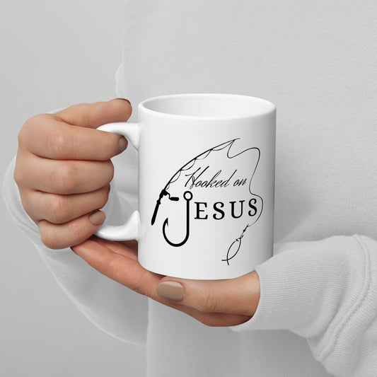 "Hooked on Jesus" White Glossy Mug, 11oz and 15oz